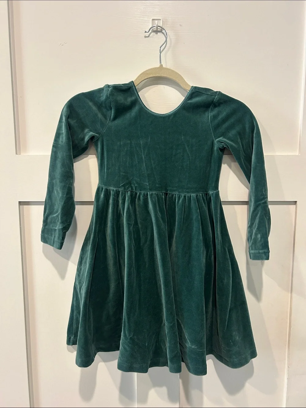 Girls Emerald Green Velvet Long-Sleeve Dress